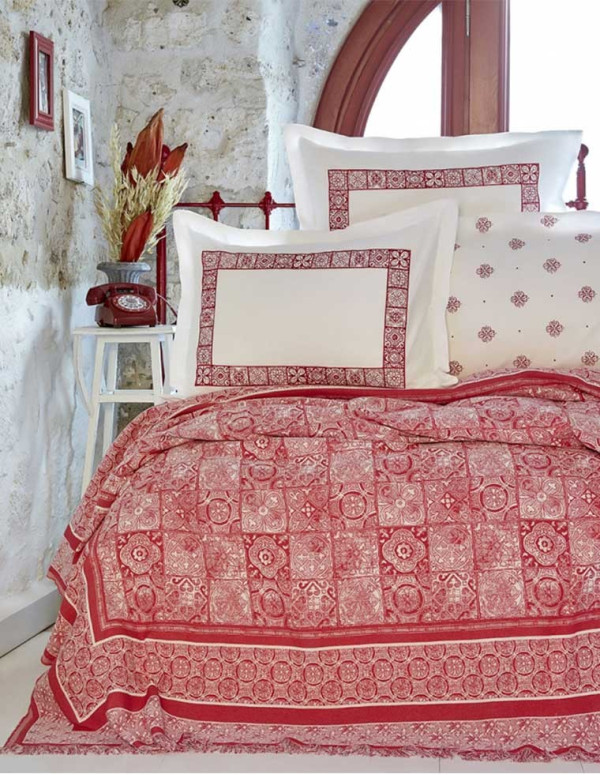 Ensemble de lit PIYONASA corail brodé double 100% coton