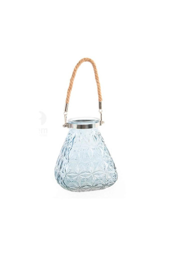 Bougeoir bleu PYRAMIDAL en verre avec corde 15x16 cm