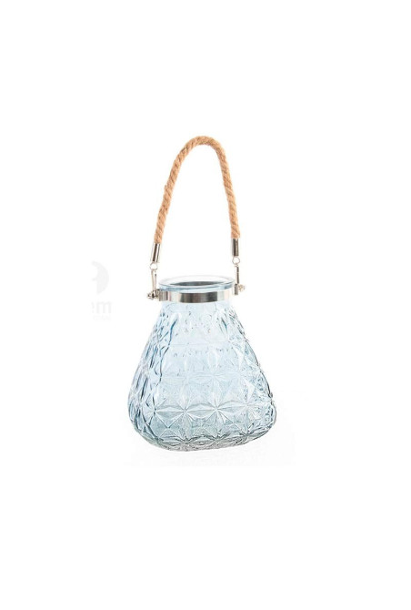 Bougeoir bleu PYRAMIDAL en verre avec corde 15x16 cm