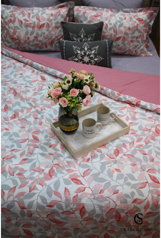 Housse de couette 220x240 cm  flora rose+ 2 taies d'oreiller