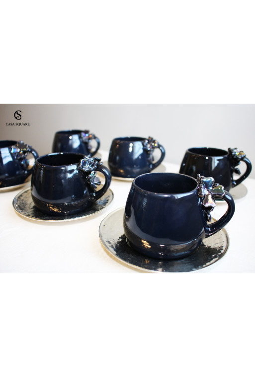 Coffret 6 tasses en noir et 6 sous tasses en cuivre argent