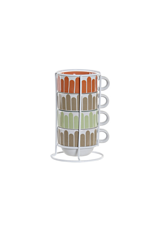 SET DE 4 MUG EN GRES AVEC SUPPORT EN METAL BLANC