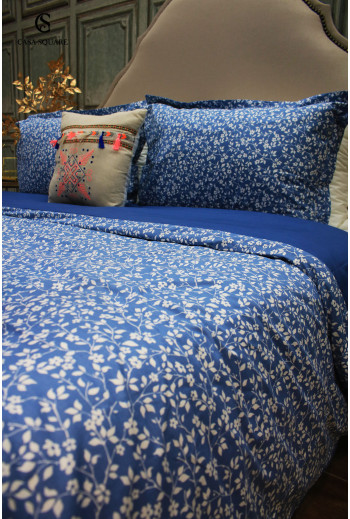 Housse de couette 220x240 cm  flora bleu + 2 taies d'oreiller