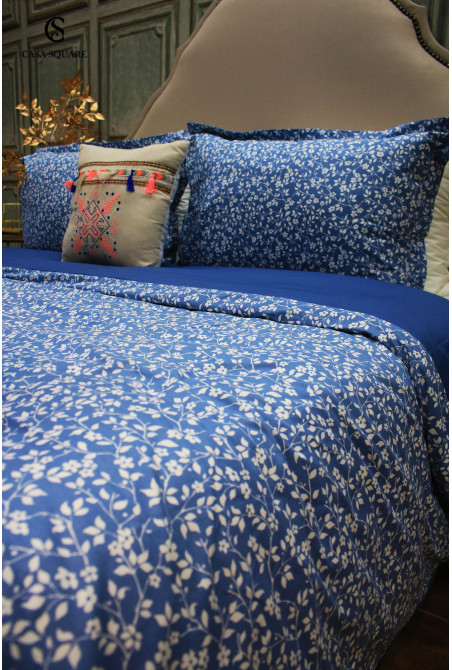 Housse de couette 220x240 cm  flora bleu + 2 taies d'oreiller